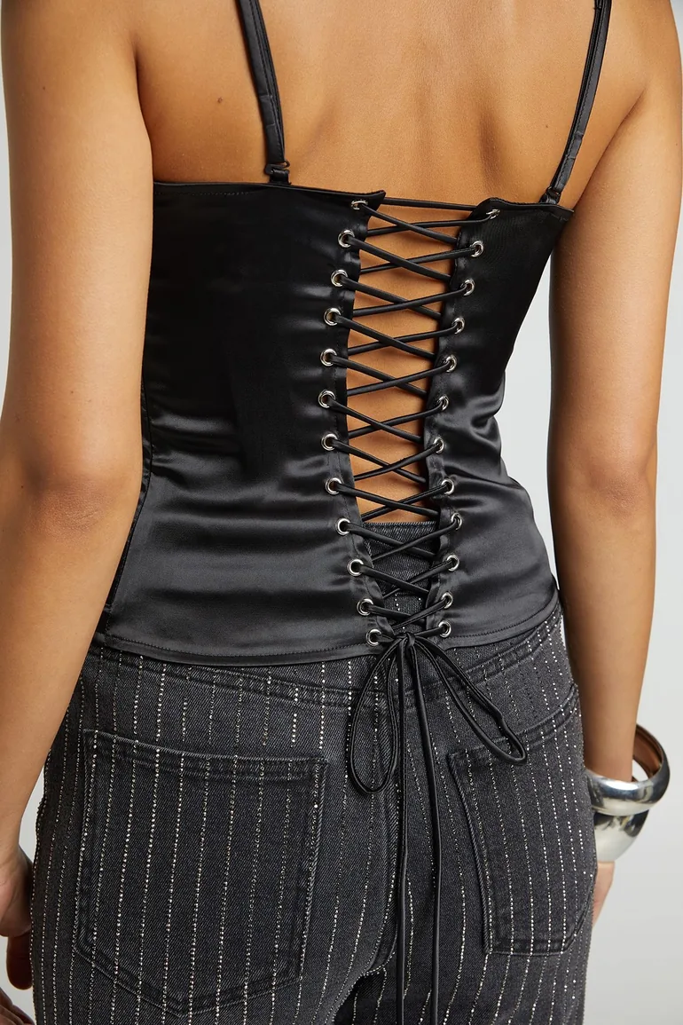 Petite Satin Lace up Corset - black - 3