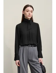 Stand Collar Tie Chiffon Blouse - 3