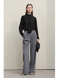 Stand Collar Tie Chiffon Blouse - 1