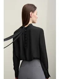Stand Collar Tie Chiffon Blouse - 2