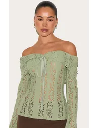 Sage Fitted Lace Flared Sleeve Bardot Top - 3