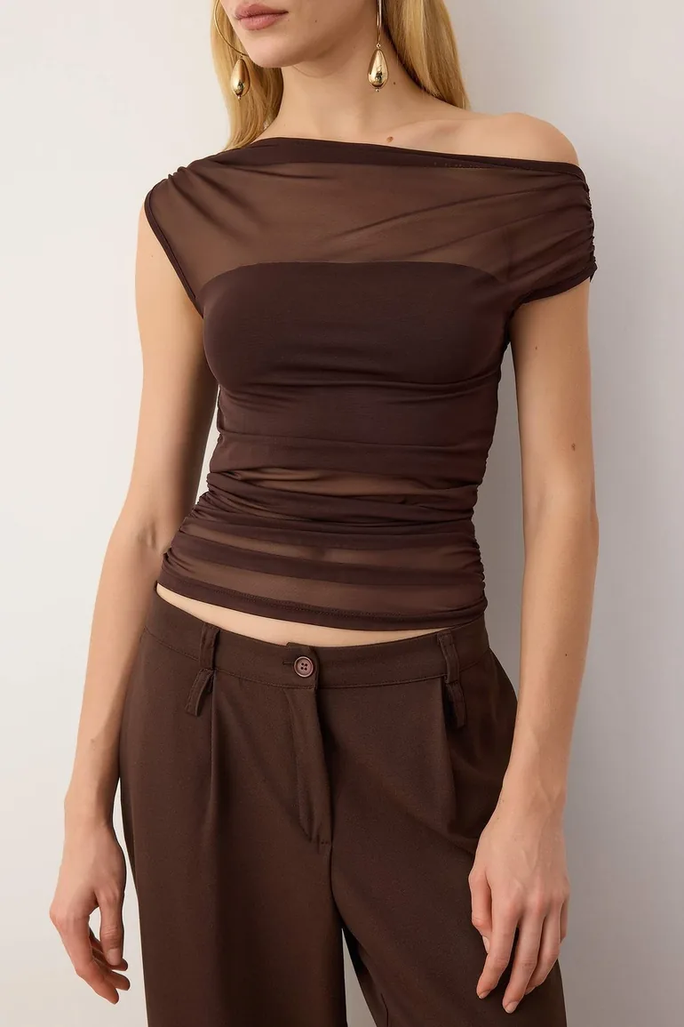 Dark Brown Plain Carmen Collar Long Knitted Tulle Party top - 2