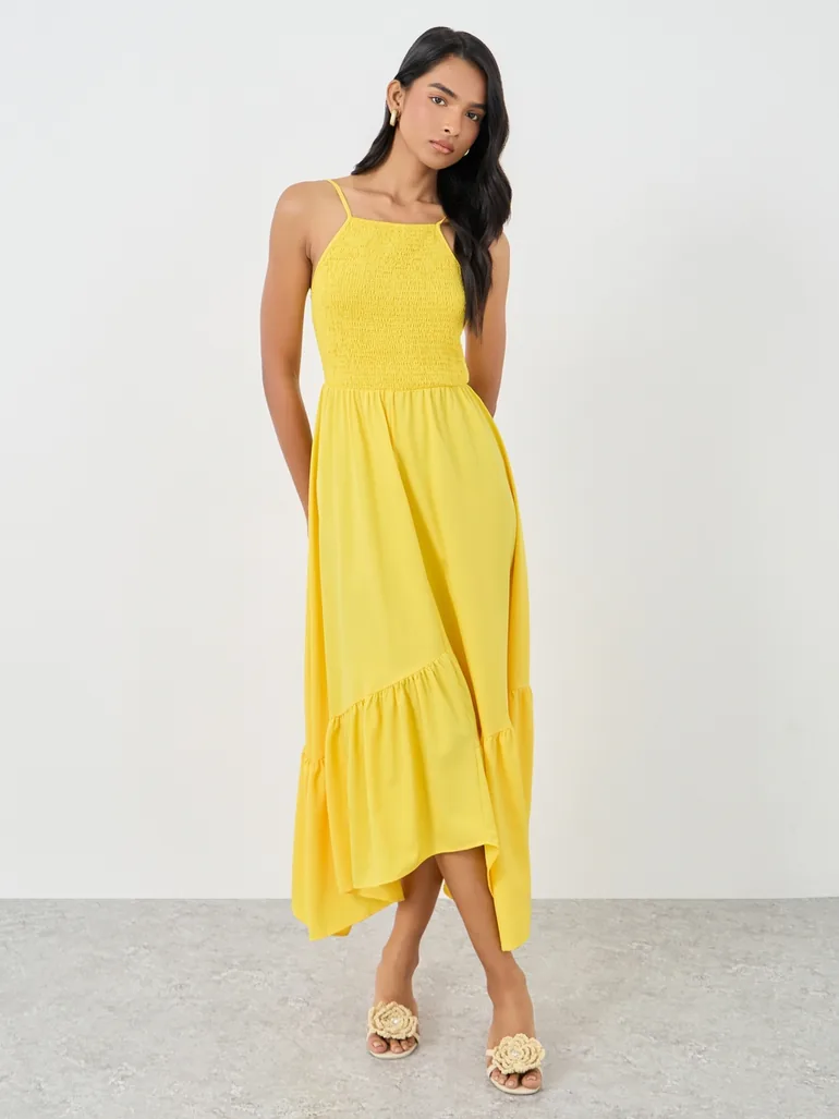 Solid Smocking Detail Ruffle Hem A-Line Dress