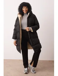 Black Double-Sided Regular Fit Hooded Water Repellent Long down Plus Size Coats - 3