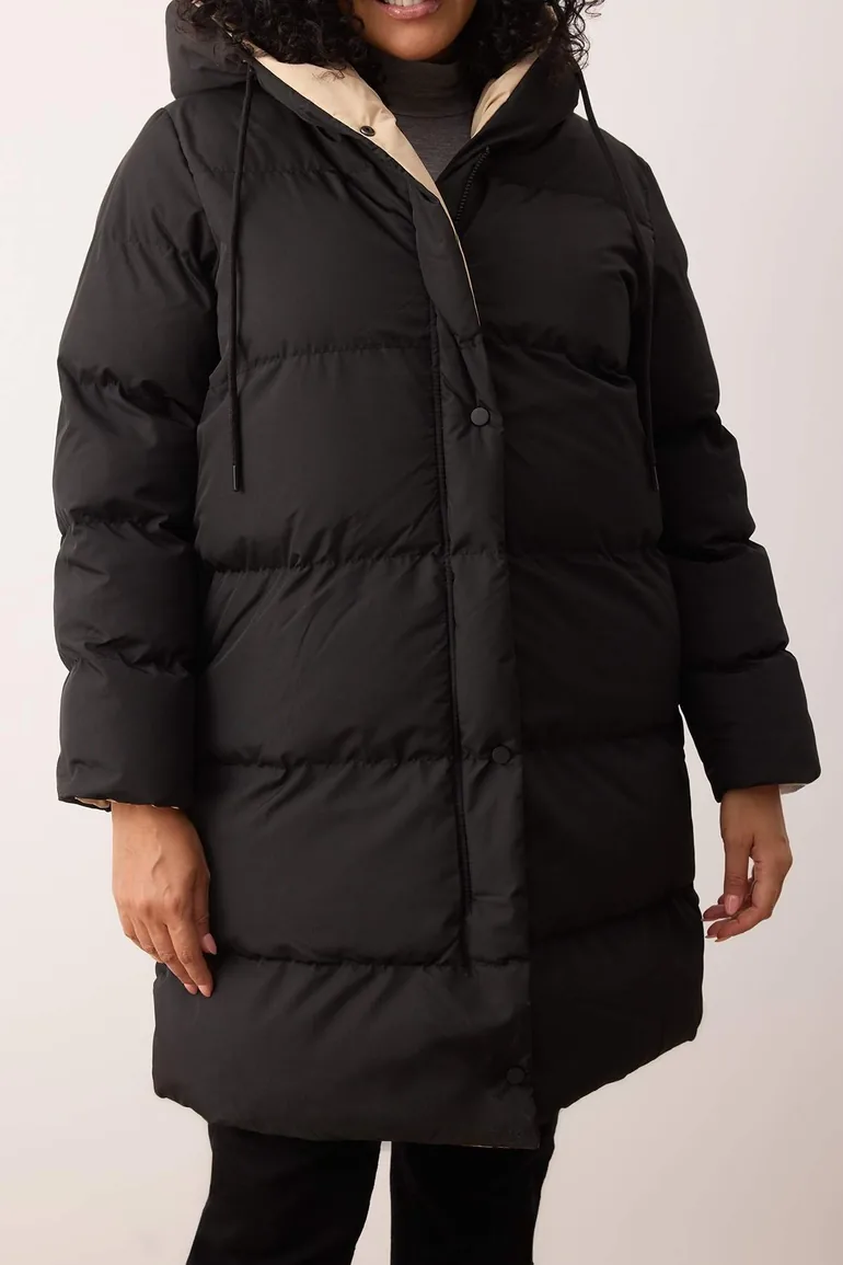 Black Double-Sided Regular Fit Hooded Water Repellent Long down Plus Size Coats - 4