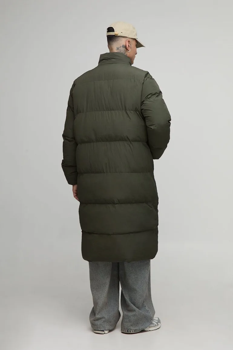 Tall Oversized Crinkle Nylon Funnel Neck Longline Puffer Jacket - dark olive - 1