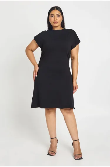 Plus Cotton Elastane Cinched Waist Skater Dress - black