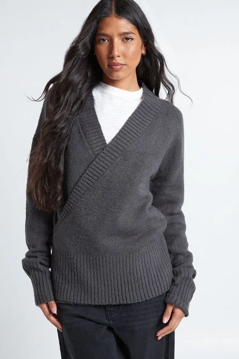 Tall Wrap Detail Cinched Waist Jumper - grey - 1