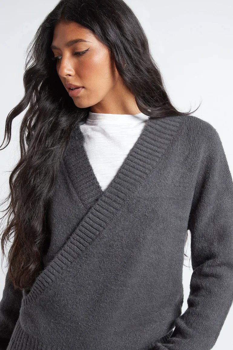 Tall Wrap Detail Cinched Waist Jumper - grey - 3