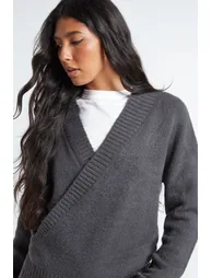 Tall Wrap Detail Cinched Waist Jumper - grey - 3
