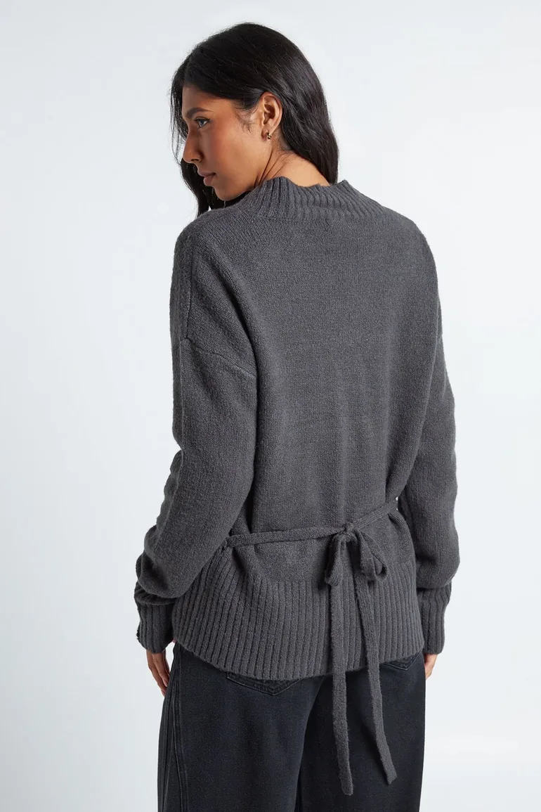 Tall Wrap Detail Cinched Waist Jumper - grey - 2