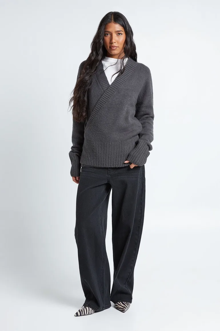 Tall Wrap Detail Cinched Waist Jumper - grey