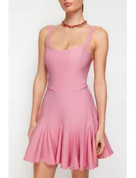 Pink Lined Woven Detailed Bodice Tape Elegant Evening Dress - 3
