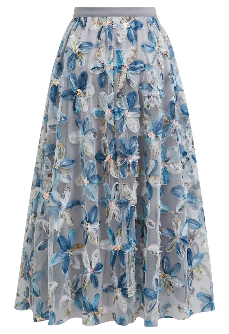 Petal Symphony Double-Layered Mesh Midi Skirt in Blue - 9