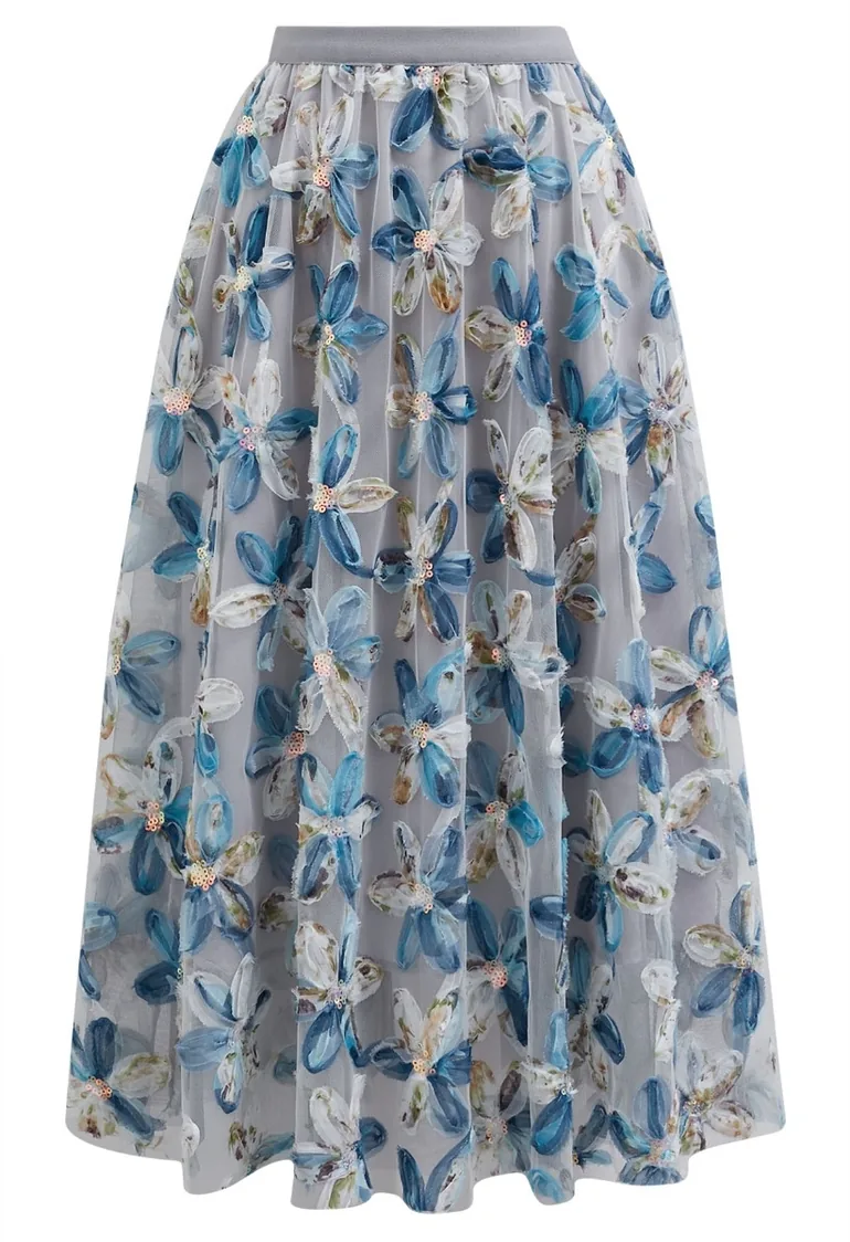 Petal Symphony Double-Layered Mesh Midi Skirt in Blue - 4