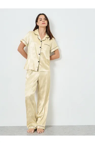 Beige Jacquard Short Sleeve Shirt and Pyjama Set