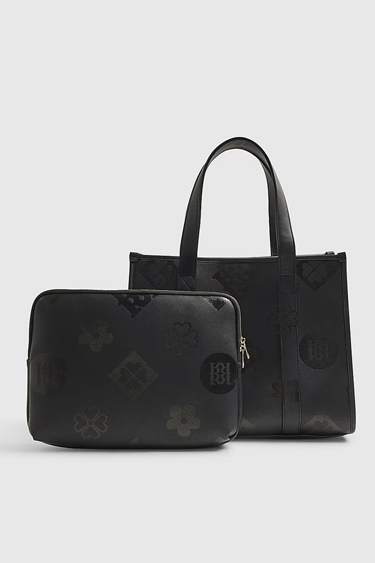 Black Logo Embossed Large Tote Bag Set - 1