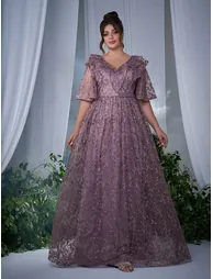 Leely Plus Women's Elegant V Neck Flounce Sleeve Party Dresses - 3