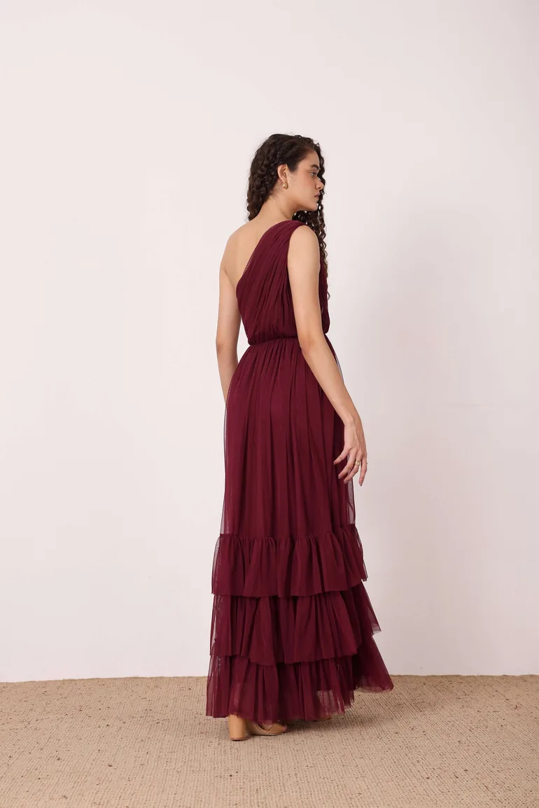 Nicolette One Shoulder Maxi Dress in Wine - 4