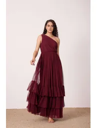Nicolette One Shoulder Maxi Dress in Wine - 2