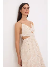 Beige Embroidered Embroidered Maxi D Woven Dress - 1