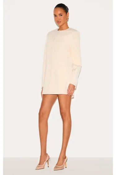 Almond Woven Oversized Crew Neck Blazer Dress
