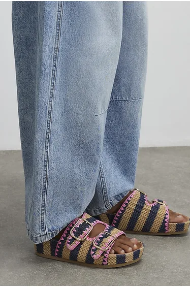Navy Stripe Raffia Footbed Sandals