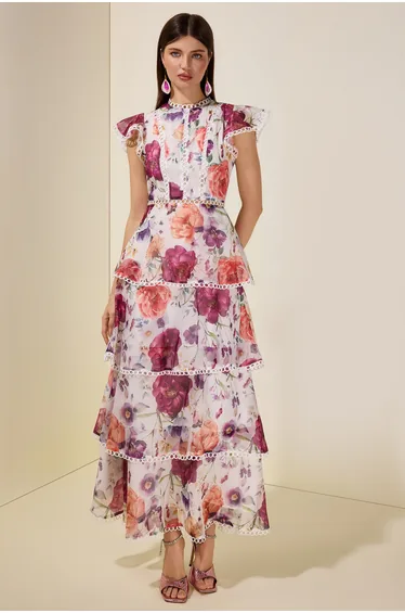 Floral Lace Ruffle Midi Dress