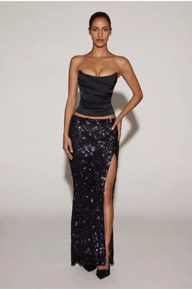 Embellished Mid-Rise Maxi Skirt in Black Purple