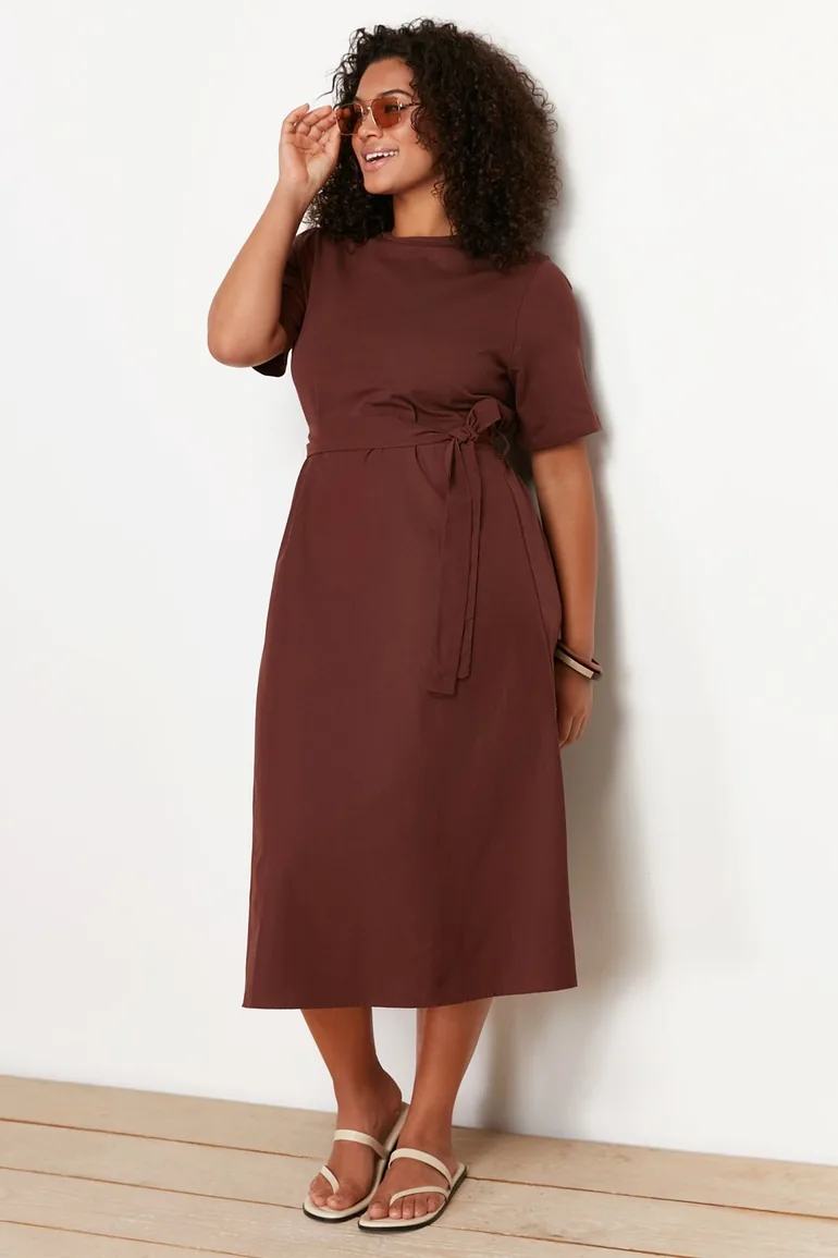 Trendyol Curve Plus Brown A-Line Midi T-Shirt Dress