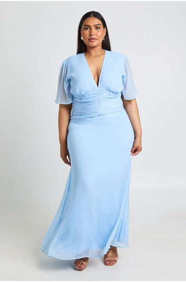 Plus Chiffon Ruched Waist Maxi Dress - powder blue