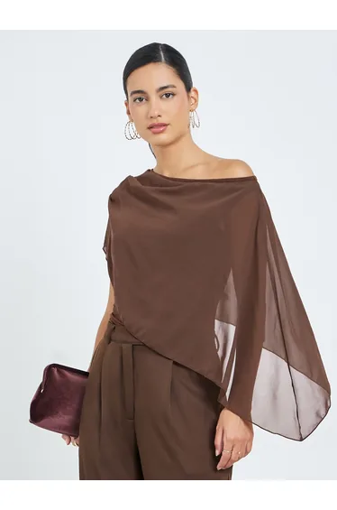 Brown Cape Sleeve Casual Knit Top