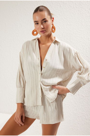 Ecru Balloon Sleeve Linen Blend Shirt Shorts Beach Set product thumbnail 2