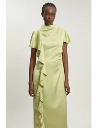 Textured Satin Ruffle Detail Midi Dress - 1