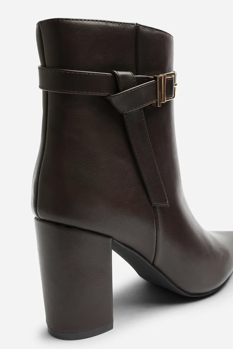 Evania Dark Brown Buckle Strap Detail Block Heeled Ankle Boot - 6