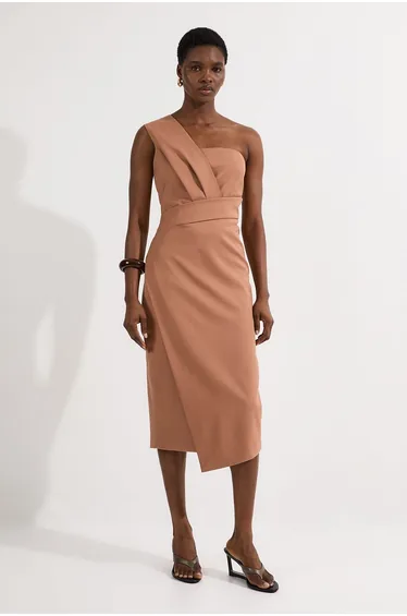 Petite Tailored One Shoulder Tuck Detail Pencil Midi Dress
