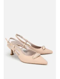 Women's beige Buckle Detail pointed toe open back thin short heeled shoe - 1