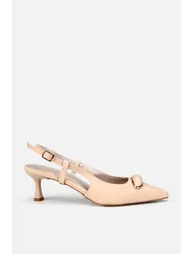 Women's beige Buckle Detail pointed toe open back thin short heeled shoe