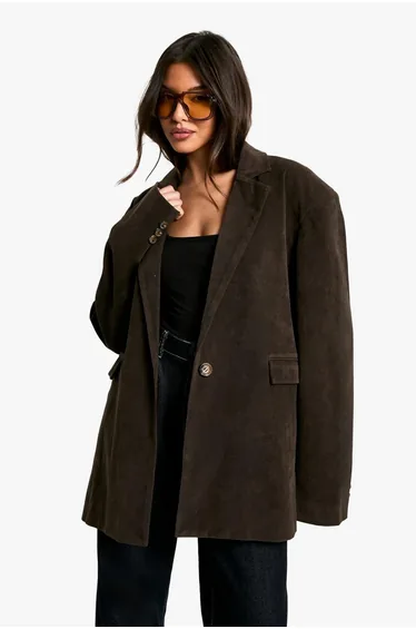 Vintage Look Suedette Oversized Blazer - chocolate