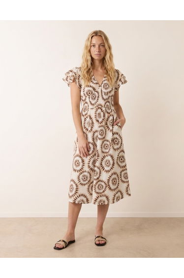 V Neck Frill Sleeve Printed Midi Dress