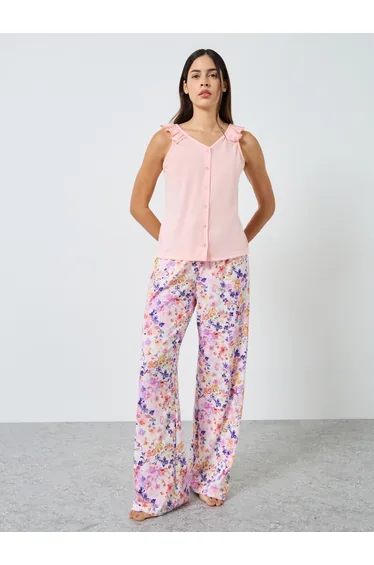 Ruffled Strappy Buttoned Top and Printed Pyjama Set