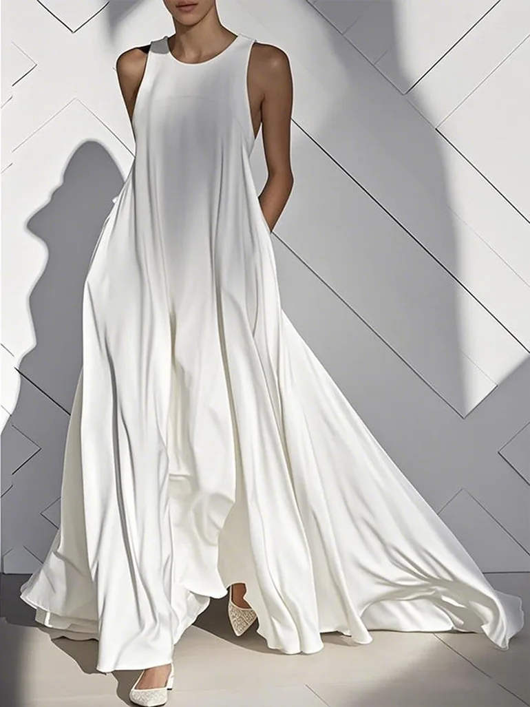 Loose Sleeveless Pockets Solid Color Split-Joint Round-Neck Maxi Dresses