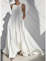 Loose Sleeveless Pockets Solid Color Split-Joint Round-Neck Maxi Dresses
