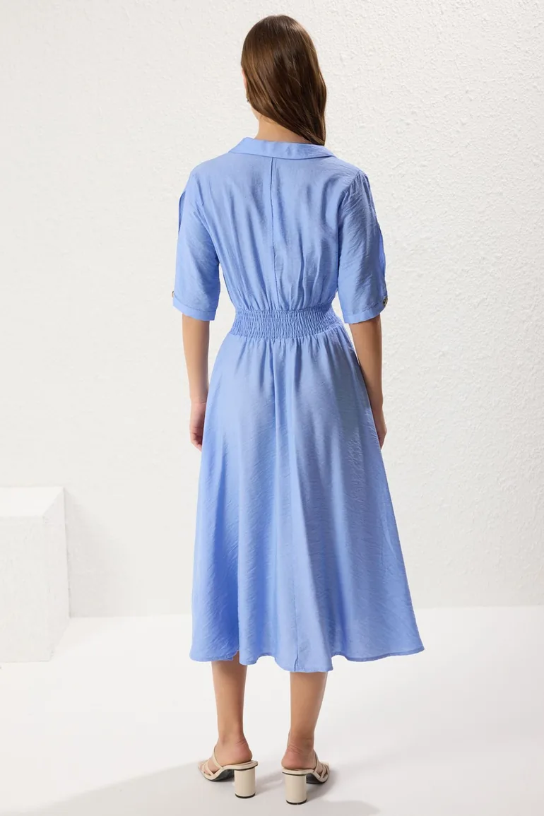 Blue Plain Gipel Midi Woven Dress - 6
