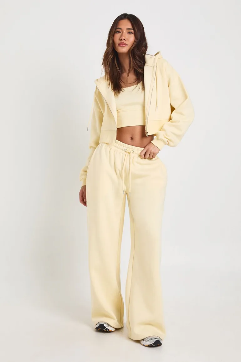 Deep Hem Crop Top 3 Piece Hooded Tracksuit - lemon
