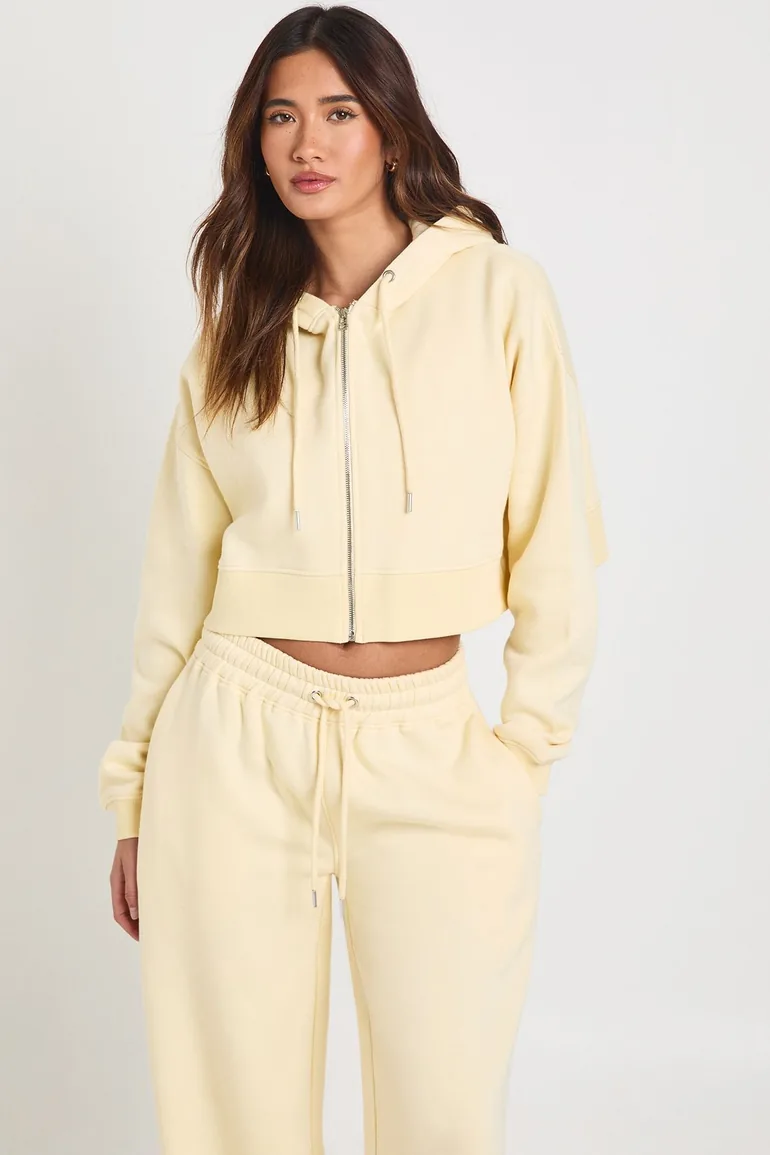 Deep Hem Crop Top 3 Piece Hooded Tracksuit - lemon - 2