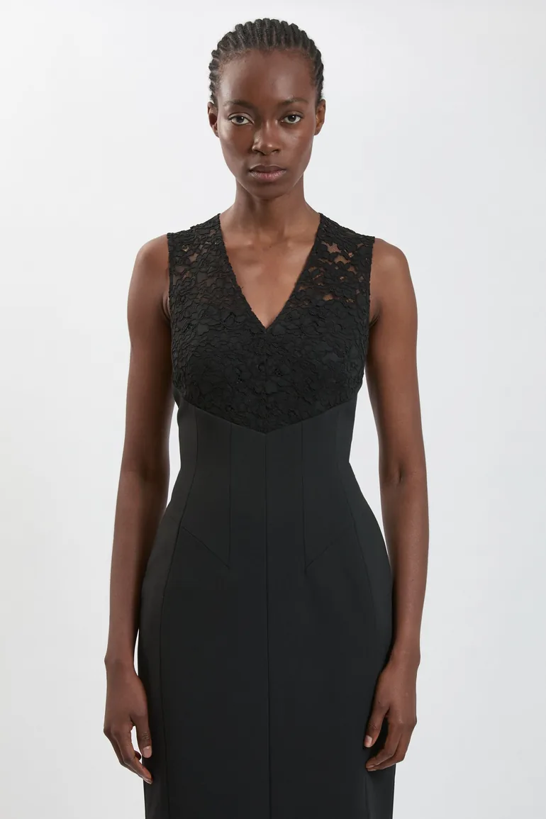 Compact Stretch Lace Detail Midi Dress - 1