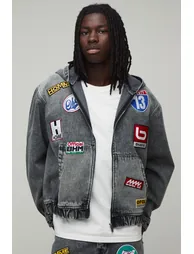 Moto Badge Boxy Denim Hoodie - grey
