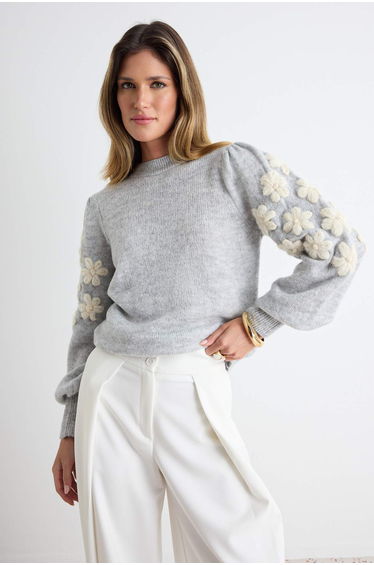 Gray Crew Neck Embroidery/Embroidery Detailed Knitwear Sweater