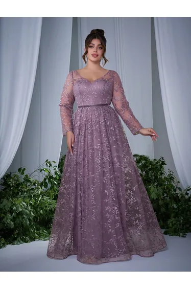 Leely Plus Women's Elegant V Neck Long Sleeve Lace A-Line Dress